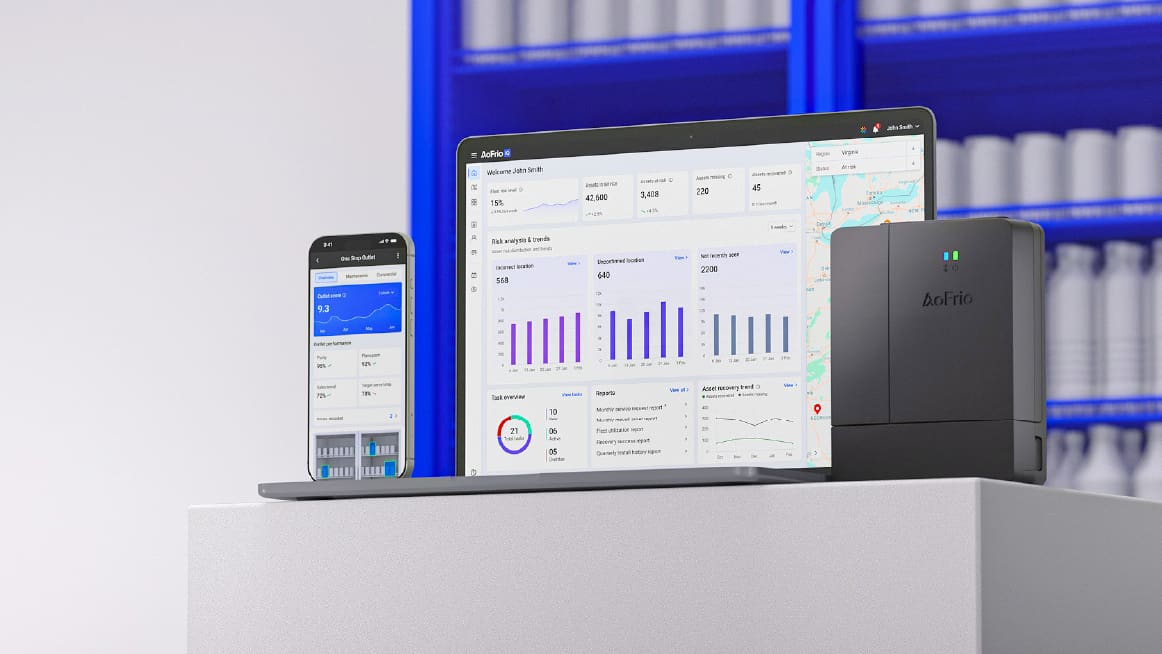 This image shows AoFrio iQ and SCS 800 in front of a beverage fridge.